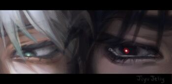 2boys alien_stage artist_name black_hair brown_eyes commentary english_commentary eye_focus eyelashes glowing_pupils green_eyes highres ivan_(alien_stage) jiyujelly letterboxed looking_to_the_side male_focus multiple_boys red_pupils tearing_up till_(alien_stage) white_hair