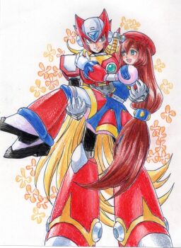 1boy 1girl android armor beret blonde_hair blue_eyes brown_hair chest_jewel closed_mouth dress flower forehead_jewel full_body green_eyes hat helmet hijiriiyaa iris_(mega_man) jewelry krita_(medium) long_hair looking_at_another mega_man_(series) mega_man_x_(series) multicolored_dress open_mouth ponytail red_armor red_hat red_helmet robot robot_ears robot_girl shoulder_armor simple_background smile traditional_media very_long_hair white_background zero_(mega_man)