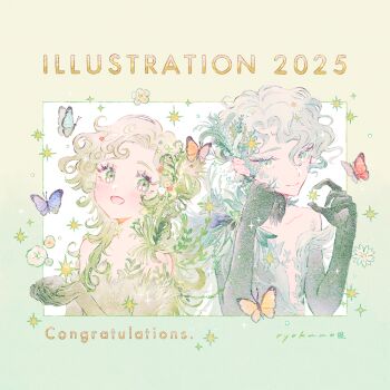 1boy 1girl 2025 :d artist_name blue_butterfly border bug butterfly closed_mouth colored_extremities commentary_request congratulations curtained_hair dress eyelashes fairy flower green_border green_eyes green_hair hair_ornament illustration.media insect leaf_hair_ornament long_hair open_hands open_mouth orange_butterfly original outside_border purple_butterfly red_butterfly ryokuno_green short_hair smile sparkle white_flower yellow_butterfly