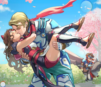 1girl 2boys ace_(fire_emblem) armor arthur_(fire_emblem_fates) blonde_hair brown_hair carrying carrying_person couple dragon family fire_emblem fire_emblem_fates hana_(fire_emblem) highres husband_and_wife kiss misokatsuhaumai multiple_boys muscular muscular_male ninja nintendo parent_and_child percy_(fire_emblem) princess_carry sakura_petals sakura_tree sandals scarf white_armor wyvern