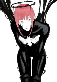 1girl absurdres black_halo chainsaw_man commentary halo highres leaning_forward long_hair looking_at_viewer makima_(chainsaw_man) marvel ringed_eyes sidelocks simple_background solo spider-man_(series) symbiote venom_(marvel) virtuware white_background yellow_eyes
