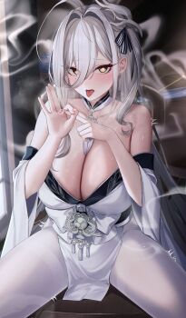 1girl azur_lane bare_shoulders blush breasts collarbone commentary_request commission hair_between_eyes hakuhou_(azur_lane) heart heart-shaped_pupils highres jyu-so large_breasts long_hair looking_at_viewer mask mask_on_head open_mouth pantyhose penetration_gesture skeb_commission solo symbol-shaped_pupils thighs tongue tongue_out white_hair white_pantyhose wide_sleeves yellow_eyes