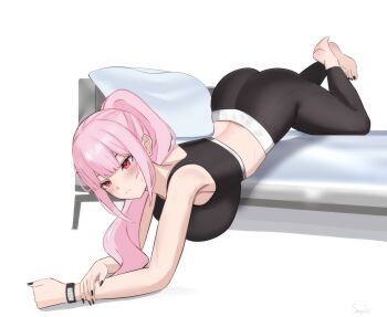 1girl all_fours ass barefoot bed black_nails black_pants black_sports_bra blush breasts full_body high_ponytail highres hololive hololive_english large_breasts midriff mori_calliope pants pink_hair ponytail red_eyes senpaisif solo sports_bra virtual_youtuber