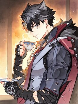 1boy bandaged_arm bandaged_neck bandages black_bandages black_gloves black_hair blue_eyes closed_mouth coat coat_on_shoulders commentary_request cup earrings fingerless_gloves fur-trimmed_coat fur_trim genshin_impact gloves grey_hair grey_vest hair_between_eyes highres holding holding_cup jewelry lapels leo_kkym looking_at_viewer male_focus multicolored_hair necktie red_necktie scar scar_on_arm scar_on_neck short_hair smile solo streaked_hair tea vest wriothesley_(genshin_impact)