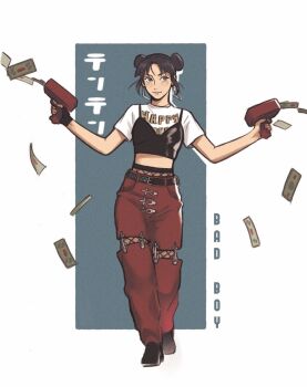 1girl black_camisole black_gloves black_hair black_shoes brown_eyes camisole character_name clothes_writing commentary crop_top cropped_shirt double_bun english_commentary english_text fingerless_gloves fishnet_pantyhose fishnets full_body gloves hair_bun highres il1023il naruto_(series) naruto_shippuuden pants pantyhose red_pants shirt shoes single_fingerless_glove smile solo t-shirt tenten_(naruto)