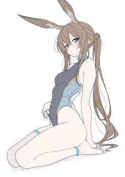 1girl amiya_(arknights) animal_ears ankle_boots arknights blue_eyes blush boots brown_hair competition_swimsuit highres jewelry kneeling long_hair multiple_rings one-piece_swimsuit ponytail ring simple_background solo swimsuit t1kosewad thighlet white_background