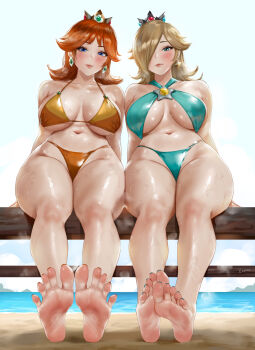 2girls alternate_breast_size_(larger) alternate_costume aqua_bikini aqua_nails barefoot beach bikini blonde_hair blue_eyes blush breasts breasts_apart brown_hair closed_mouth collarbone crown earrings easonx feet flower_earrings foot_focus hair_over_one_eye halterneck highres jewelry large_breasts long_hair looking_at_viewer mario_(series) multiple_girls navel nintendo ocean orange_bikini orange_nails outdoors princess_daisy rosalina sand smile soles star_(symbol) star_earrings stomach super_mario_galaxy swimsuit toenails toes