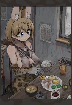 1girl animal_ear_fluff animal_ears bare_shoulders bikini blonde_hair blue_eyes border bowl breakfast breasts broccoli brown_border brown_hair brown_skirt center_opening chopsticks closed_mouth commentary_request controller covered_erect_nipples crack cracked_glass cup dithering drinking_straw eating elbow_gloves food gloves grey_shirt holding holding_chopsticks holding_cup i_love_serval jaggy_lines kemono_friends kettle large_breasts miso_soup mug omelet plate print_bikini print_skirt remote_control rice sausage serval_(kemono_friends) shirt short_hair sideboob sitting skirt smile solo split_mouth swimsuit table tamagoyaki timetable translation_request white_gloves window
