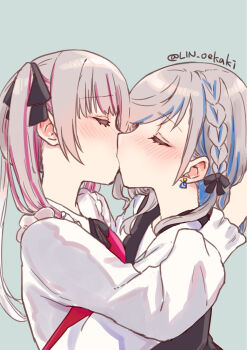 2girls artist_name black_bow black_ribbon black_vest blue_streaks blush bow braid closed_eyes commentary_request couple earrings frilled_shirt frills from_side grey_background grey_hair hair_bow hair_ribbon hand_up highres hug jewelry kiss lin_oekaki long_sleeves multicolored_hair multiple_girls mutual_hug negative_space original pink_streaks raised_inner_eyebrows ribbon shirt side_braid side_ponytail simple_background streaked_hair swept_bangs upper_body vest white_shirt wispy_bangs yuri