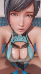 1boy 1girl 3d animated black_hair blue_eyes blue_hair breasts cleavage competition_swimsuit cum dead_or_alive dead_or_alive_xtreme dead_or_alive_xtreme_venus_vacation earrings ejaculation highres jewelry kiss lazyprocrastinator looking_at_viewer multicolored_hair one-piece_swimsuit outdoors pov reika_(doa) sex streaked_hair swimming_goggles swimsuit tagme vaginal video