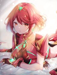 Rule 34 | 1girl, breasts, earrings, fingerless gloves, gloves, highres, jewelry, large breasts, light, looking at viewer, on bed, pyra (xenoblade), red eyes, red hair, red shorts, revealing clothes, short hair, shorts, solo, tiara, ui frara, xenoblade chronicles (series), xenoblade chronicles 2