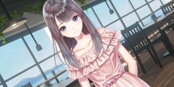 1girl arms_behind_back blue_reflection_(series) blue_reflection_sun blue_sky brown_hair cafe ceiling_light chair closed_mouth collarbone cowboy_shot day dress dutch_angle frilled_dress frills game_cg grey_eyes hanging_plant highres indoors ivy kasuga_shiho kishida_mel light_smile long_hair looking_at_viewer non-web_source official_art pink_dress plant potted_plant sky solo table window wooden_floor