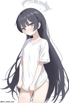 1girl absurdres art_crab artist_name black_hair blue_archive breasts clothes_tug collarbone grey_eyes grey_halo halo highres kisaki_(blue_archive) long_hair looking_at_viewer no_pants panties shirt shirt_tug short_sleeves simple_background small_breasts solo standing underwear white_background white_panties white_shirt