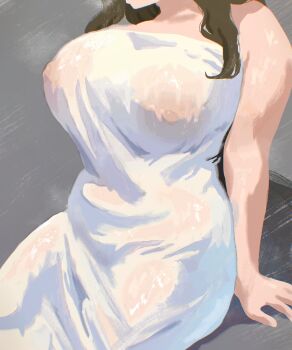 1girl absurdres arm_support breasts brown_hair commentary_request curvy head_out_of_frame highres large_areolae large_breasts long_hair naked_towel nipples original ryokucha_michi see-through_towel solo steam towel