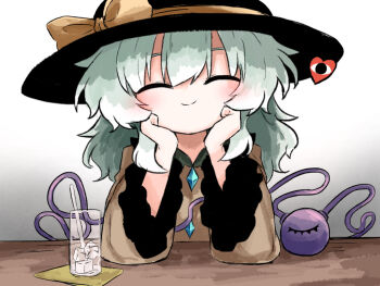 1girl black_hat blouse buttons closed_eyes cup diamond_button drink drinking_straw elbow_rest eyeball frilled_sleeves frills green_hair hands_on_own_cheeks hands_on_own_face hat hat_ribbon heart heripantomorrow ice ice_cube komeiji_koishi ribbon shirt smile solo table third_eye touhou yellow_ribbon yellow_shirt