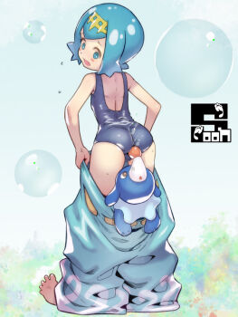 1girl ass barefoot blue_eyes blue_hair blue_one-piece_swimsuit blue_pants blush bubble commentary_request from_behind gen_7_pokemon lana_(pokemon) loli nintendo no_sclera one-piece_swimsuit pants pokemon pokemon_(creature) pokemon_sm popplio school_swimsuit short_hair soon_(c-u-soon) swimsuit undressing