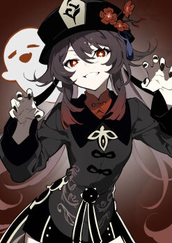 1girl absurdres brown_hair commentary_request genshin_impact ghost hat hatsutahaku highres hu_tao_(genshin_impact) jacket long_hair looking_at_viewer open_mouth red_eyes shorts solo standing star-shaped_pupils star_(symbol) symbol-shaped_pupils teeth very_long_hair