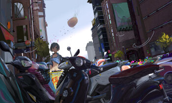 1girl absurdres building city cityscape cloud cloudy_sky collar commentary_request crop_top grey_hair highres looking_at_viewer motor_vehicle motorcycle original paindude scenery short_hair sky skyscraper solo tree yellow_eyes