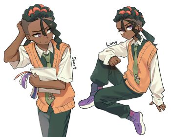 Rule 34 | 1boy, black hair, black pants, closed mouth, collared shirt, commentary request, dark-skinned male, dark skin, elosia, green necktie, highres, holding, korean commentary, long sleeves, male focus, multiple views, naveen (pokemon), necktie, nintendo, orange sweater vest, pants, pokemon, pokemon legends: z-a, purple eyes, purple shoes, shirt, shoes, short sleeves, simple background, sweat, sweater vest, white background, white shirt