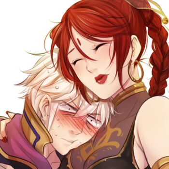 1boy 1girl :t armlet bare_shoulders bindi blush braid breast_pillow breast_smother breasts brown_eyes earrings face_to_breasts facial_mark fire_emblem fire_emblem:_the_sacred_stones fire_emblem_awakening forehead_mark full-face_blush hetero hoop_earrings hug jewelry lips lipstick long_hair lowres makeup male_robin_(fire_emblem) nail_polish nintendo red_hair short_hair silver_hair single_braid sweatdrop tethys_(fire_emblem) tusia wide-eyed