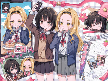 2girls aged_up black_hair black_hairband black_skirt blazer blonde_hair blue_jacket brown_eyes brown_jacket brown_sweater cellphone collared_shirt commentary_request cowboy_shot cream cream_on_face division_sign eating flower food food_on_face forehead bad_tag fruit furrowed_brow grey_skirt hair_between_eyes hair_flower hair_ornament hairband hand_on_own_cheek hand_on_own_face highres hiro_0607 holding holding_phone jacket kirarazaka_marina kuze_shizuka long_hair long_ribbon looking_at_object maid_headdress math medium_hair multiple_girls multiple_views notebook pancake pancake_stack pen phone photo_(object) pink_nails plaid_background pleated_skirt pout red_ribbon ribbon scar scar_on_face school_uniform selfie shirt skirt smartphone spiral_notebook strawberry strawberry_sticker sweater takopii takopii_no_genzai v whipped_cream white_shirt yellow_eyes