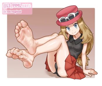 1girl barefoot black_panties black_shirt blonde_hair blue_eyes cameltoe eyewear_on_headwear feet female_focus foot_focus hat high-waist_skirt long_hair looking_at_viewer nintendo panties pantyshot pink_hat pleated_skirt pokemon pokemon_xy porkpie_hat red_skirt serena_(pokemon) shirt skirt sleeveless sleeveless_shirt smile soles solo sunglasses tagme toes tsukimaru_(ls_99ml) underwear upskirt white-framed_eyewear