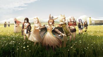 1other 6+girls :d absurdres aiguillette amiya_(arknights) animal_ears antenna_hair arknights ascot bare_shoulders belt belt_buckle black_ascot black_belt black_hair black_horns black_jacket black_shorts black_socks blue_eyes brown_eyes brown_hair brown_pantyhose buckle cat_ears cat_girl ch'en_(arknights) chinese_commentary chromatic_aberration closed_eyes closed_mouth closure_(arknights) cloud commentary commentary_request crop_top day doctor_(arknights) dress english_commentary field flower frilled_dress frills grass green_dress green_eyes grey_dress grey_eyes grey_pantyhose hair_between_eyes halter_dress halterneck hand_on_own_chin hand_on_own_hip hand_up hands_in_pockets highres holding_own_dress hood hood_up hooded_jacket horns jacket jewelry kal'tsit_(arknights) kneehighs light_smile long_dress long_hair long_sleeves meadow multicolored_hair multiple_girls multiple_rings navel necktie off_shoulder open_clothes open_jacket open_mouth orange_necktie outdoors outstretched_arms pantyhose partial_commentary pink_hair plant pointy_ears priestess_(arknights) profile purple_hair red_hair rhodes_island_landship ring rosmontis_(arknights) shirt shorts smile socks standing streaked_hair talulah_(arknights) talulah_the_fighter_(arknights) theresa_(arknights) thigh_belt thigh_strap torn_clothes torn_dress w_(arknights) white_ascot white_dress white_flower white_hair white_shirt wind wis'adel_(arknights) yanque