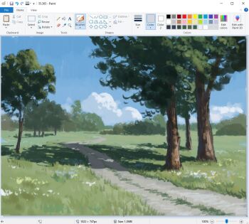art_program_in_frame bush christian_young cloud cloudy_sky commentary dappled_sunlight day dirt_road flower forest horizon landscape microsoft_paint_(medium) microsoft_paint_(software) nature no_humans original outdoors painterly road scenery screencap shadow sky sunlight tree white_flower