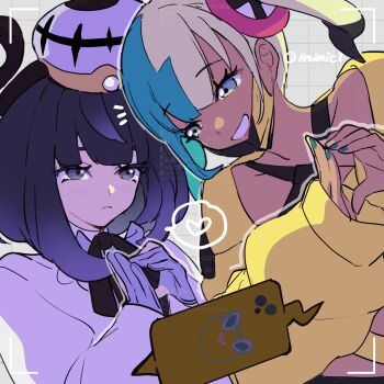 2girls bandeau belt black_dress black_hair blonde_hair blue_eyes blue_gloves blue_hair blush breasts canari_(pokemon) cellphone coat dark-skinned_female dark_skin dress gloves grey_eyes grey_hat grin gwynn_(pokemon) hat highres jacket long_sleeves mask medium_breasts medium_hair mouth_mask multicolored_hair multiple_girls nintendo no-kan phone pokemon pokemon_legends:_z-a recording short_hair small_breasts smile split-color_hair twintails two-tone_mask white_coat yellow_bandeau yellow_jacket