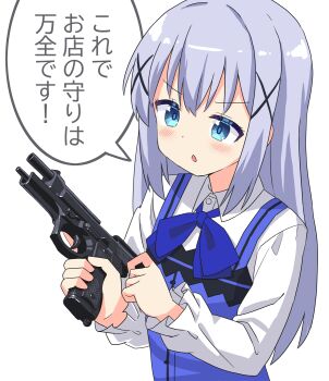 1girl apron beretta_92 blue_apron blue_bow blue_eyes blue_hair bow bright_pupils buttons changaa chestnut_mouth cocking_gun collared_shirt colored_eyelashes commentary_request furrowed_brow gochuumon_wa_usagi_desu_ka? gun hair_between_eyes hair_ornament handgun highres holding holding_gun holding_weapon kafuu_chino light_blue_hair long_hair long_sleeves looking_at_object note open_mouth rabbit_house_uniform shirt simple_background solo standing translated triangle_mouth upper_body weapon white_background white_shirt winter_uniform x_hair_ornament
