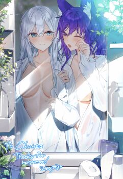 2girls absurdres animal_ear_fluff animal_ears animated animated_gif blinking blue_eyes blue_hair breasts collarbone commission highres holding_another's_arm long_sleeves looking_at_viewer medium_breasts mirror multiple_girls open_clothes open_shirt original purple_eyes rubbing_eyes shirt skeb_commission syandega thank_you white_hair white_shirt