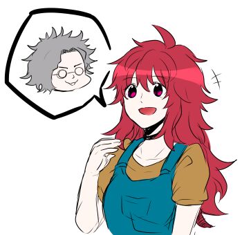 +++ 1boy 1girl :d ahoge apron blue_apron blue_overalls breasts casual chibi chibi_inset choker collar collarbone egokoro_nao female_focus furrowed_brow glasses grey_hair grin hair_between_eyes hand_up happy head_only image_in_speech_bubble kimi_ga_shine long_hair looking_ahead looking_to_the_side looking_up medium_breasts messy_hair mishima_kazumi_(kimi_ga_shine) opaque_glasses open_mouth overalls parted_lips photoshop_(medium) red_eyes red_hair round_eyewear shirt short_hair short_sleeves sidelocks simple_background smile solo_focus spectacles speech_bubble talking unkempt unkempt_hair upper_body very_long_hair white_background yellow_shirt