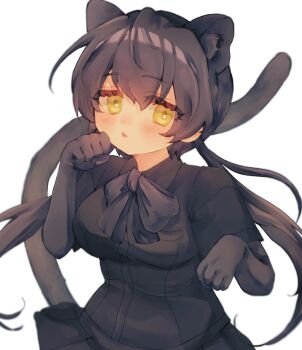 1girl :&lt; animal_ears black_bow black_gloves black_hair black_leopard_(kemono_friends) black_shirt black_skirt blush bow collared_shirt elbow_gloves extra_ears gloves hair_between_eyes highres kemono_friends kemono_friends_3 leopard_ears leopard_girl leopard_tail long_hair paw_pose pleated_skirt seki_mhsk shirt short_sleeves sidelocks skirt solo t-shirt tail twintails upper_body yellow_eyes