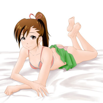 1girl ass barefoot bra brown_eyes brown_hair clothes_lift futami_mami green_skirt grundy hair_ribbon highres idolmaster idolmaster_(classic) long_hair looking_at_viewer lying on_stomach panties pink_ribbon ponytail ribbon skirt skirt_lift smile solo striped_clothes striped_panties the_pose third-party_source underwear white_background