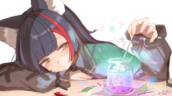 1girl animal_ear_fluff animal_ears arm_rest black_bow black_bowtie black_hair blunt_ends blush bow bowtie capelet commentary cross-laced_clothes cross-laced_sleeves green_capelet hashtag-only_commentary head_rest highres holding hololive long_hair long_sleeves looking_at_object multicolored_hair official_alternate_costume ookami_mio ookami_mio_(8th_costume) potion red_hair red_streaks simple_background solo streaked_hair symbol-only_commentary upper_body virtual_youtuber white_background wolf_ears wolf_girl yellow_eyes yuuzuki_(re'ef)