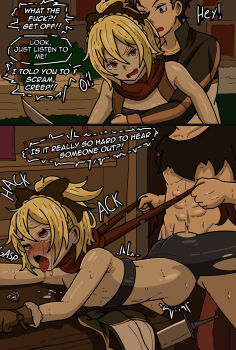 1boy 1girl apoelayoshi7 asphyxiation bdsm black_dress blonde_hair blush breasts brown_eyes dress felt_(re:zero) gloves grabbing_from_behind hair_ornament hanging highres loli natsuki_subaru navel nipples open_mouth pantyhose re:zero_kara_hajimeru_isekai_seikatsu red_eyes saliva sex sex_from_behind small_breasts stomach_bulge tears tongue tongue_out torn_clothes torn_pantyhose unworn_clothes weapon