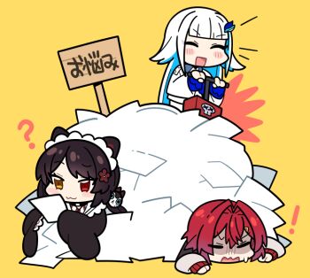 ! 3girls :3 :d ? ^_^ ange_katrina ange_katrina_(1st_costume) animal_ears animal_hair_ornament blue_hair blunt_bangs blush_stickers brown_hair chibi chibi_only closed_eyes closed_mouth colored_inner_hair commentary_request detonator dog_ears flower furrowed_brow hair_flower hair_intakes hair_ornament heterochromia holding_detonator inui_toko inui_toko_(1st_costume) jacket lize_helesta lize_helesta_(1st_costume) long_hair looking_at_object maid_headdress mitsumine_(ookami_no_oyashiro) multicolored_hair multiple_girls nijisanji open_mouth paper partially_buried pile red_eyes red_hair sanbaka_(nijisanji) short_hair sign simple_background sleeves_past_fingers sleeves_past_wrists smile translation_request two-tone_hair very_long_hair virtual_youtuber wavy_mouth white_hair white_headdress white_jacket yellow_background yellow_eyes