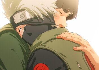 Rule 34 | 2boys, black hair, blush, closed mouth, commentary request, forehead protector, green vest, grey hair, hatake kakashi, highres, hug, korean commentary, m0 mo momo, might guy, multiple boys, naruto (series), simple background, solo focus, vest, white background, yaoi