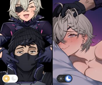Rule 34 | 1boy, 1girl, black gloves, black hair, black mask, braid, braided bangs, day-night toggle button (meme), eyepatch, fingers on another's face, gloves, grabbing another's hair, grabbing another's head, grey hair, head grab, highres, holding another's hair, implied sex, indie virtual youtuber, looking at viewer, meme, saruei, saruei (vtuber), scar, scar on face