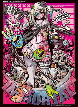 1girl absurdly_detailed_composition bandages blood bullet_hole chain colored_skin cracked_skull decora dress english_text engrish_text grey_skin gun highres holding holding_gun holding_weapon horror_(theme) lock monster multicolored_skin original padlock patchwork_skin profanity project.c.k. punk ranguage scar shotgun skeleton skull stitched_arm stitched_face stitched_mouth stitched_torso stitches thumb_ring torn_clothes torn_dress two-tone_skin undead wallet_chain weapon zombie zombification