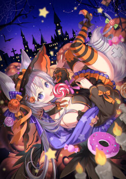 07touka25 1girl animal_ears breasts candle candy detached_collar detached_sleeves ears_through_headwear food grey_hair halloween hat highres jack-o&#039;-lantern leotard lollipop long_hair looking_at_viewer medium_breasts mismatched_thighhighs orange_nails original purple_eyes sky solo star_(sky) starry_sky strapless strapless_leotard striped_clothes striped_thighhighs tail thighhighs witch_hat