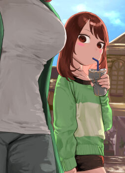 absurdres alternate_universe blush breast_envy breasts brown_shorts chara_(facing_demons) chara_(undertale) cropped_head cropped_legs crushing cup dual_persona empty_eyes facing_demons green_jacket green_sweater heart_soma highres holding holding_cup jacket large_breasts looking_at_breasts medium_breasts pants shorts sweater tagme undertale utdr_(toby_fox)