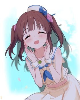 1girl absurdres blue_bow blue_neckerchief bow brown_hair closed_eyes cropped_shirt drop_shadow facing_viewer flower four-leaf_clover_necklace hair_flower hair_ornament hands_up hat hat_bow highres idolmaster idolmaster_cinderella_girls jia_wenyuan long_hair midriff navel neckerchief ogata_chieri open_mouth pink_flower pleated_skirt sailor_collar sailor_shirt shirt sidelocks skirt smile solo twintails white_hat white_sailor_collar white_shirt white_skirt white_wrist_cuffs wrist_cuffs