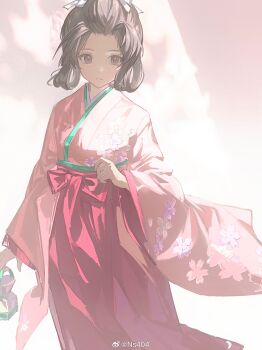1girl ace_attorney floral_print hakama highres japanese_clothes kimono ns404 pink_kimono red_hakama solo standing susato_mikotoba the_great_ace_attorney