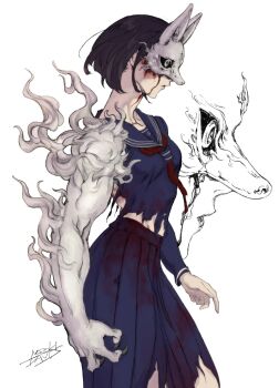 1girl artist_name black_hair breasts commentary_request fox_hinako fox_mask highres mask medium_breasts mismatched_arms neckerchief nozoki_davis pleated_skirt profile red_neckerchief school_uniform serafuku shimizu_hinako short_hair silent_hill_(series) silent_hill_f simple_background skirt torn_clothes torn_skirt white_background