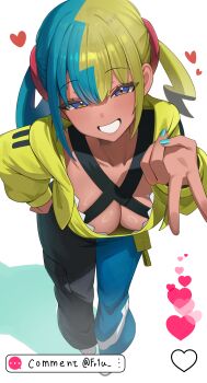 1girl absurdres aqua_hair blonde_hair blue_eyes breasts canari_(pokemon) cleavage dark-skinned_female dark_skin grin heart highres jacket large_breasts leaning_forward looking_at_viewer multicolored_hair nintendo pants pokemon pokemon_legends:_z-a simple_background smile solo split-color_hair suisen_(suisenhwa) twintails two-tone_pants v white_background yellow_jacket