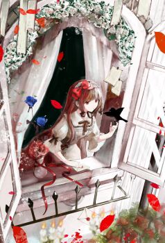1girl amazu_(uzu_amazu) bird black_bow black_bowtie bow bowtie brown_eyes brown_hair curtains dress falling_petals flower highres letter long_hair nail_polish original petals solo standing upper_body vase window