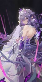 1girl absurdres backless_dress backless_outfit black_background black_tiara breasts bright_pupils butterfly_ornament closed_mouth commentary_request dress elbow_gloves expressionless flower from_behind gloves hair_between_eyes hair_flower hair_ornament high_heels highres honkai:_star_rail honkai_(series) knees_up long_hair looking_at_viewer looking_back medium_breasts pantyhose pointy_ears purple_eyes purple_gloves purple_hair sitting solo tiara very_long_hair white_pantyhose white_pupils wulegexue