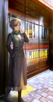 1girl black_boots black_coat boots brown_dress brown_eyes brown_hair coat dark-skinned_female dark_skin dolsig_ilangnolja dress full_body green_scarf hands_up highres limbus_company looking_at_viewer outis_(project_moon) project_moon protected_link scarf short_hair solo stone_floor tactile_paving