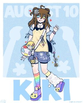 1girl :p \||/ ahoge animal_charm arm_at_side artist_name artist_self-insert asymmetrical_legwear bag bare_shoulders basil_(faraway)_(omori) basil_(omori) big_yellow_cat_(omori) bike_shorts bike_shorts_under_shorts black_tank_top blue_background blue_eyes blue_jacket blue_shorts blush border bracelet breasts brown_hair character_doll character_name character_print charm_(object) claw_pose closed_mouth commentary copyright_notice dated denim denim_jacket denim_shorts doll double-parted_bangs double_bun english_commentary fingernails flat_color floral_print flower full_body hair_between_eyes hair_bun hair_flower hair_ornament hand_up happy_birthday heart heart_ahoge highres jacket jacket_partially_removed jewelry kiki_(cookikiixp) kneehighs leg_warmers looking_at_viewer medium_hair necklace off_shoulder omocat_(style) omori open_clothes open_jacket original outside_border platform_shoes polka_dot polka_dot_background pom_pom_(clothes) purple_shoes rainbow_socks ribbon-trimmed_sleeves ribbon_trim ring shoes short-sleeved_jacket short_sleeves shorts shoulder_bag signature simple_background single_leg_warmer small_breasts smile socks solo sparkle standing standing_on_one_leg star_(symbol) striped_clothes striped_socks sunflower tank_top tongue tongue_out two-tone_tank_top white_bag white_border white_flower white_leg_warmers yellow_eyes yellow_socks yellow_tank_top